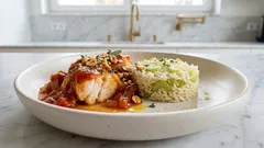 Fischragout in Tomatensauce – zart in 5 Minuten gegart, dazu Sellerie-Reis