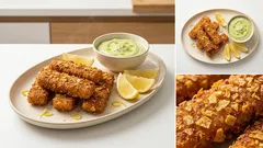Knusprige Fischstäbchen selbst gemacht – mit Vollkorn-Cornflakes & Avocado-Basilikum-Dip