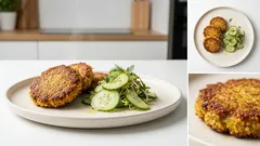 Ofen-Couscouspuffer: knusprig, würzig – dazu frischer Gurken-Sprossen-Salat