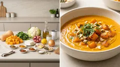 Cremiges Blumenkohl-Kürbis-Curry mit Spinat – mit Ofenkürbis und knackigen Toppings