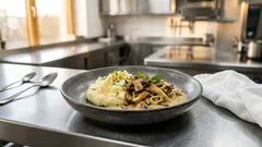 Cremiges Pilzragout mit Lauch auf Kartoffelpüree – warmes Wohlfühlgericht aus der Pfanne