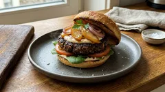 Veganer Walnuss-Pilz-Burger: saftige Patties mit Cashew-Creme und karamellisierter Birne