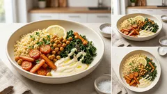 Vegane Möhren-Grünkohl-Pfanne mit Bulgur – dazu ein Zitronen-Tahini-Dip