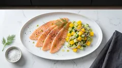 Gebeizte Lachsforelle mit Gurken-Mango-Salat – elegant und gut vorzubereiten