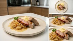 Blut- und Leberwurst auf Apfel-Sauerkraut – mit Kassler und cremigem Kartoffelpüree