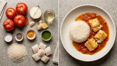 Fischragout mit Reis: zarter Kabeljau in Tomaten-Weißwein-Soße, schnell gemacht