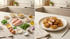 Glutenfreie Chicken Nuggets mit Quinoa-Panade – aus der Pfanne, mit Bohnensalat