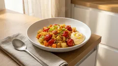 Gemüse-Reis-Pfanne aus dem Ofen: entspannt garen, mit Paprika-Joghurt servieren